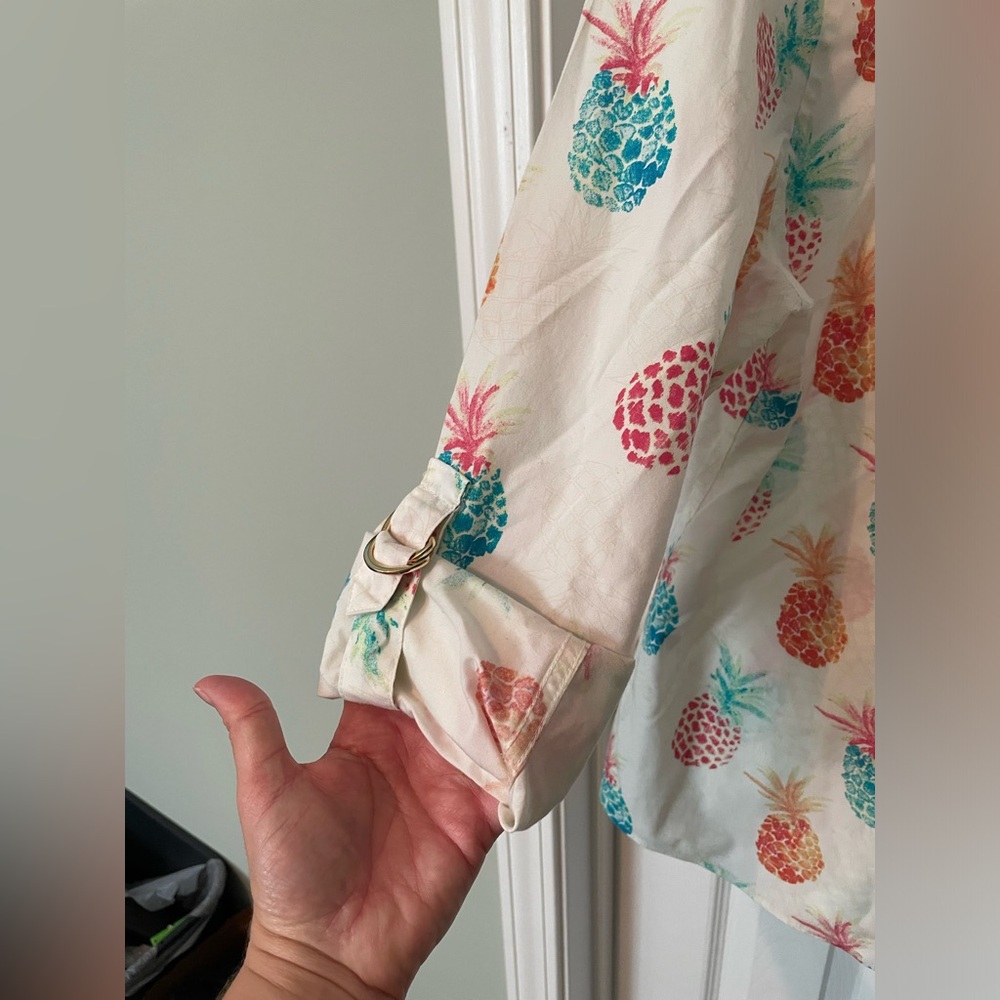 Chicos No-Iron Button down shirt. Hardware Roll Tab Sleeves Pineapple Print. - Picture 5 of 6